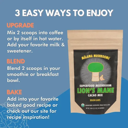 Vista 5 de Malama Productivity & Chill Bundle – Mezclas de cacao caliente de melena de león y hongos Reishi – Superalimentos adaptogénicos funcionales