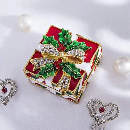 Vista 4 de YU FENG Caja de baratija de Navidad con lazo y hojas verdes, decoración de diamantes de imitación esmaltados pintados esmaltados con bisagras