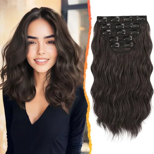 Vista 11 de BARSDAR Extensiones de cabello ondulado con clip negro marrón - 14 pulgadas, extensiones de cabello corto ondulado con clip para mujer - 5 piezas