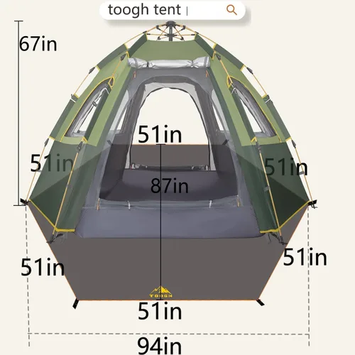 Vista 5 de Tienda de campaña Toogh con configuración instantánea, tienda impermeable para 2/3 personas, fácil y rápida de montar en 60 segundos con toldo