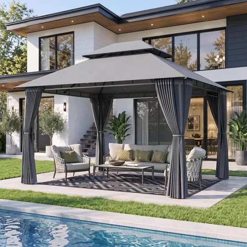 Vista 27 de Aoxun Gazebo de 8'x8' con doble techo y mosquitera, gris Gris espacial