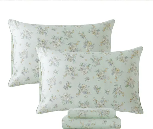 Vista 35 de FADFAY Juego de sábanas tamaño King, sábanas de algodón percal rosa floral con bolsillo profundo, ropa de cama vintage lujosa azul con estampado
