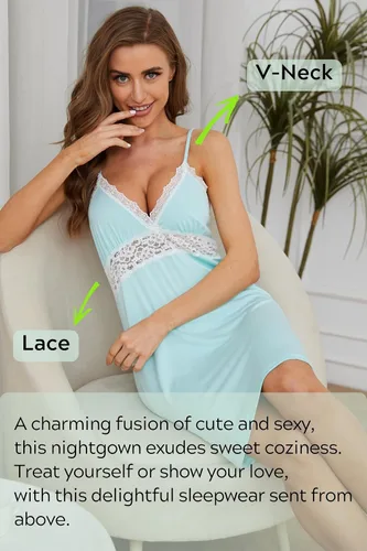 Vista 4 de Camisones de descanso para mujer, camisola con cuello en V, sexy, ropa de dormir de encaje para mujer