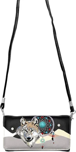 Vista 3 de Lobo bordado atrapasueños pluma tribal ocultar llevar bolso de mano
