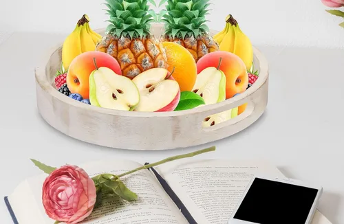 Vista 5 de Bandeja decorativa para mesa de café, juego de 2 bandejas redondas de madera para sala de estar, otomana de madera o mesa auxiliar, bandeja
