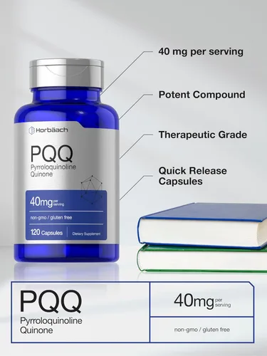 Vista 4 de Horbäach Suplemento PQQ de 40 mg 120 cápsulas Máxima fuerza Suplemento sin OMG y sin gluten Sal disódica de pirroloquinolina quinona