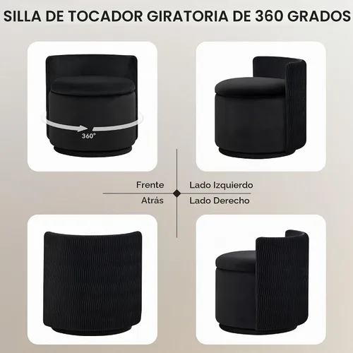Vista 6 de WUTUTUEE Silla grande de terciopelo con almacenamiento, silla de maquillaje giratoria de 360° con respaldo ondulado, taburete pequeño sin montaje