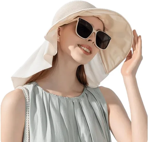 Vista 4 de Sombrero de sol para mujer de malla transpirable de secado rápido UPF 50+ con solapa para el cuello, ala ancha, gorra de playa para pesca Beige