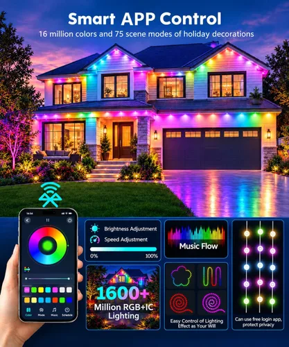 Vista 2 de Luces Permanentes para Exterior, 15 metros RGB + IC Luces LED Inteligentes para Aleros con Aplicación y Control Remoto, IP67 Impermeables, para 50ft