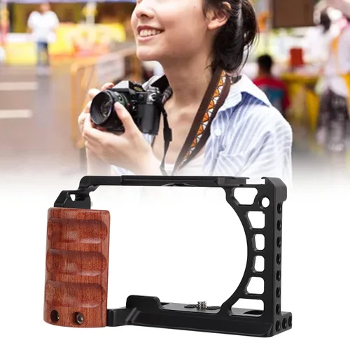 Vista 4 de Jaula de cámara de aleación de aluminio con mango de madera, interfaz de zapata fría, marco protector para Sony A6400 A6300 A6100 A6000 - Diseño