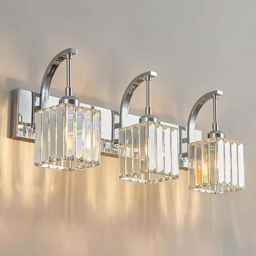 Vista 46 de Luces de tocador de cristal de 3 luces negras para tocador de baño, modernas lámparas de baño de cristal sobre espejo de 23.62 pulgadas de largo