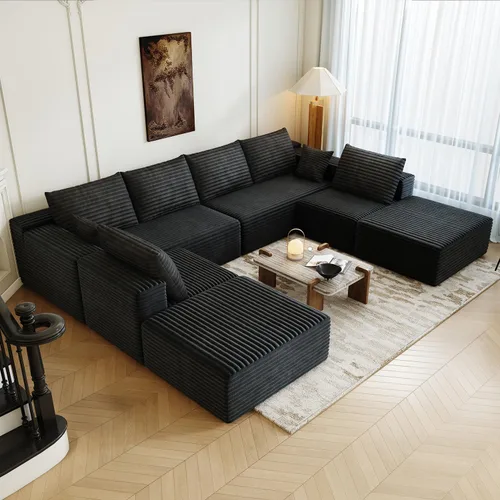 Vista 19 de Sofá modular modular de 139.4 pulgadas, sofás minimalistas en forma de L con diván de asiento medio, moderno sofá convertible de asiento profundo