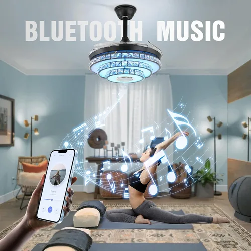 Vista 3 de Ventilador de techo inteligente tipo candelabro de 42 pulgadas con luz, ventilador de techo candelabro retráctil con altavoz Bluetooth y control