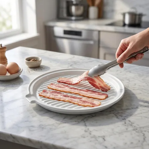 Vista 2 de ONEMORE Bandeja para Tocino de Microondas con Tapa Cocinador de Tocino de Cerámica Rejilla para Carne para Cocinar en Horno Fabricante de Tocino