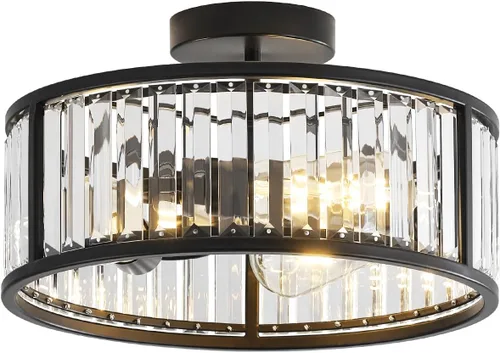 Vista 8 de Lámpara de techo negra empotrada, lámpara de cristal enjaulada de 2 luces, lámpara de pasillo de tambor pequeño, montaje de techo