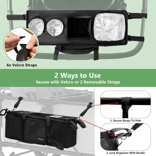 Vista 5 de Organizador de cochecito doble para Bob Duallie con 2 portavasos aislados y bolsa refrigeradora, Baby Jogger City Mini Gt2 Jeep Accesorios