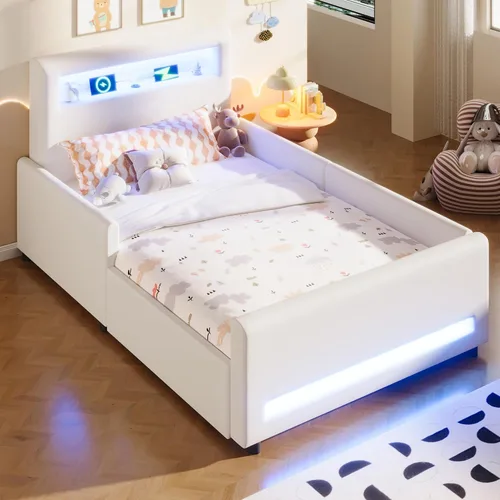 Vista 11 de Base de cama tapizada de tamaño individual con cajón de almacenamiento y cabecera de estante, cama suave de piel sintética con luz LED, carga USB