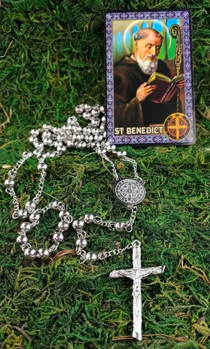 Vista 6 de Rosario católico cuentas collar de oración acero inoxidable San Benito medalla de 28 pulgy 6 mm 24 pulg y 6 mm o 18 pulg y 4 mm