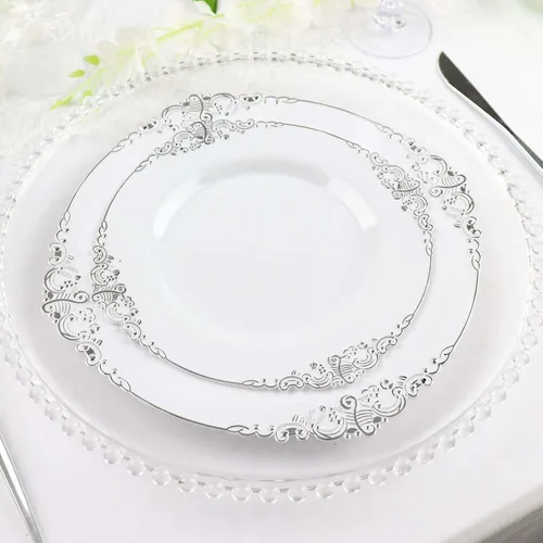 Vista 21 de Efavormart - Paquete de 10 platos de postre barrocos negros y dorados de 8 pulgadas, platos de aperitivo resistentes con borde metálico en relieve