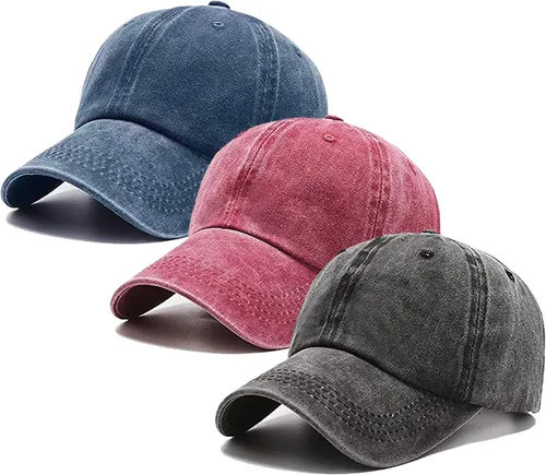 Vista 15 de Paquete de 3 gorras de béisbol vintage lavadas lisas de algodón de sarga ajustable a granel de perfil bajo clásico para hombres/mujeres