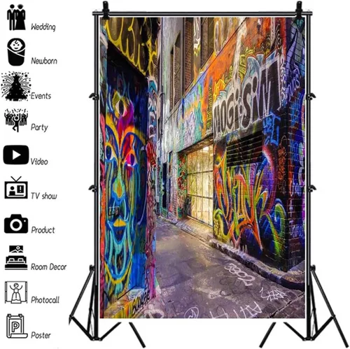 Vista 2 de AOFOTO Fondo de fotografía de pared de graffiti callejero colorido de 4 x 6 pies, decoración de fiesta de club, arte urbano, música punk, concierto