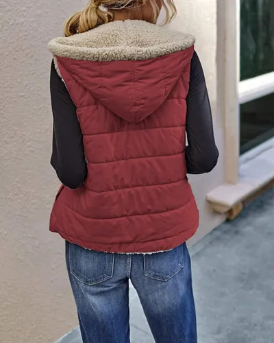 Vista 2 de Chaleco reversible de forro polar Sherpa para mujer, con cremallera completa, bloque de color cálido, sudadera con capucha y bolsillo