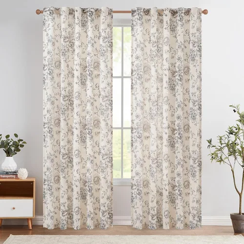 Vista 54 de Jinchan Cortinas de Mezcla de Lino con Estampado Floral para Sala de Estar, 84 Pulgadas de Largo, Cortinas con Bolsillo para Varilla y Tab Trasera