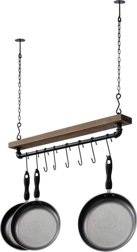 Vista 9 de MyGift Urban Industrial - Estante flotante de cocina de madera maciza quemada con soportes de metal negro para ollas y sartenes con 12 ganchos en S