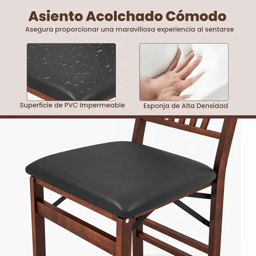 Vista 6 de COSTWAY Juego de 2 sillas de comedor plegables de madera maciza con asiento Marrón y listón