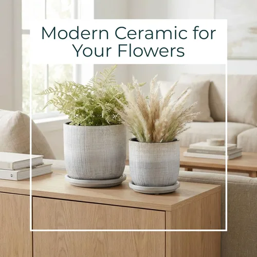 Vista 3 de Macetas de cerámica texturizada con platillo para decoración del hogar, macetas modernas y macetas para plantas de jardín, macetas elegantes
