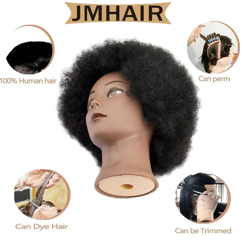 Vista 3 de Cabeza de maniquí afro rizado 100% cabello humano real, (10 pulgadas) negro para trenzado manual, práctica de peinado, peluquería, escuela, maniquí