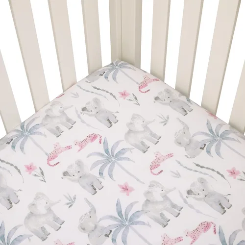 Vista 2 de NoJo Tropical Princess Elephant/Jungle Pink and Green - Sábana bajera ajustable para cuna (100% algodón)