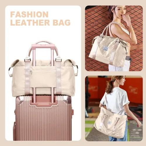 Vista 7 de Bolsas de viaje para mujer, bolsa de viaje para fin de semana, bolsa de lona con mojado Pocke, beige (A-Beige)