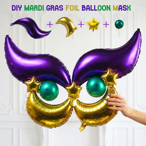Vista 7 de Kit de arco de guirnalda de globos de Mardi morado, verde y dorado con cortina de flecos, máscara de corona de estrella y globos de máscara