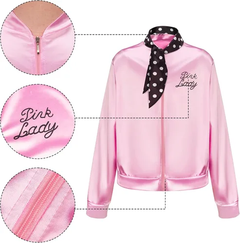 Vista 4 de FLOWDREAM 1950s Child Kids Pink Satin Jacket Little Girls Halloween Costume Cosplay Fancy Dress up Coat with Neck Scarf