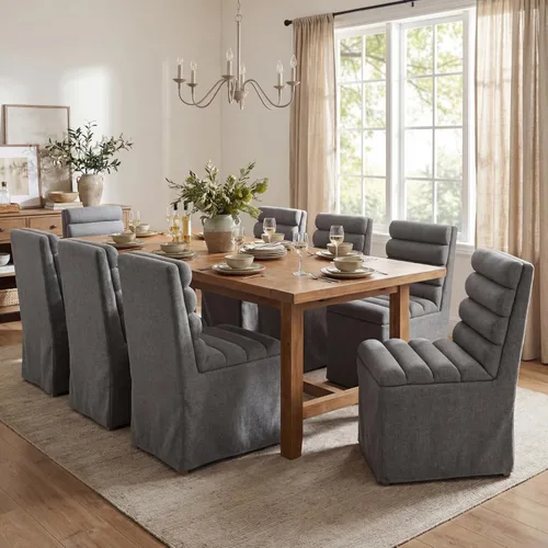 Vista 15 de CIMOTA Juego de 2 sillas de comedor tapizadas, sillas de comedor de tela moderna con respaldo alto cilíndrico/funda con faldón, sillas de cocina sin