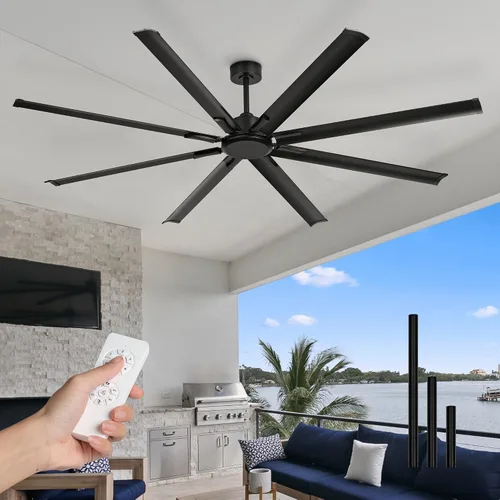 Vista 10 de Ventilador de techo industrial de 72 pulgadas sin luz, modelo negro mate para exteriores para áreas cubiertas, 8 cuchillas de aluminio, flujo