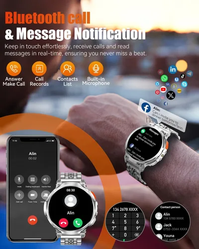 Vista 4 de Relojes inteligentes militares para hombres con llamada Bluetooth, pantalla HD de 1.85 pulgadas, reloj inteligente impermeable con linterna, 114