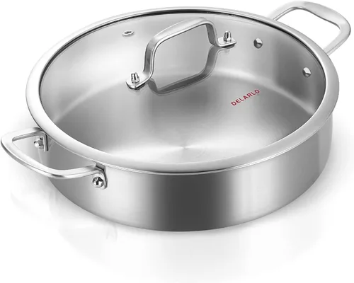 Vista 14 de DELARLO Sartén de tres capas de acero inoxidable de 10 pulgadas Sartén de freír profunda de 3QT con tapa Sartén de saltear con tapa Compatible