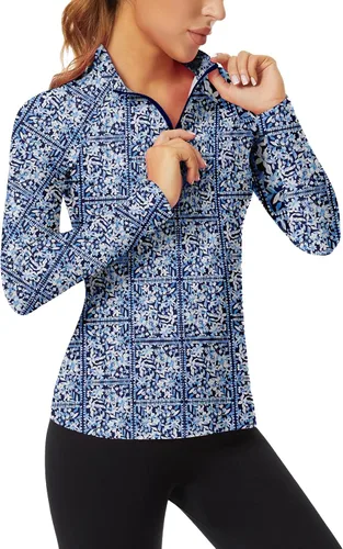 Vista 8 de WOWENY - Camiseta de manga larga con cremallera de 1/4 para mujer, con cuello, para hacer deporte, con estampado, para tenis Hoja multicolor.