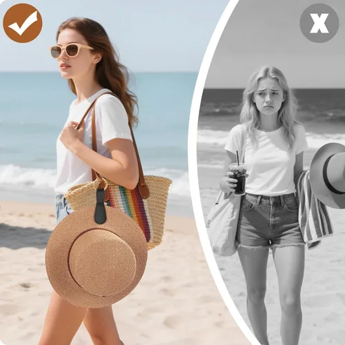 Vista 32 de Clip magnético para sombrero para viajes, 2 soportes de silicona color caqui claro para bolsos, bolsos, equipaje y sombreros de playa, clip