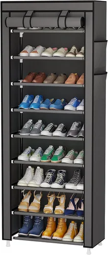 Vista 4 de Calmootey Organizador de zapatos de 5 niveles, estante portátil para zapatos con cubierta de tela no tejida para armario, pasillo, dormitorio, Gris