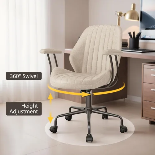 Vista 3 de Silla de oficina Mid Century Modren, silla ejecutiva giratoria con soporte lumbar, silla de escritorio ergonómica de respaldo medio con ruedas Beige
