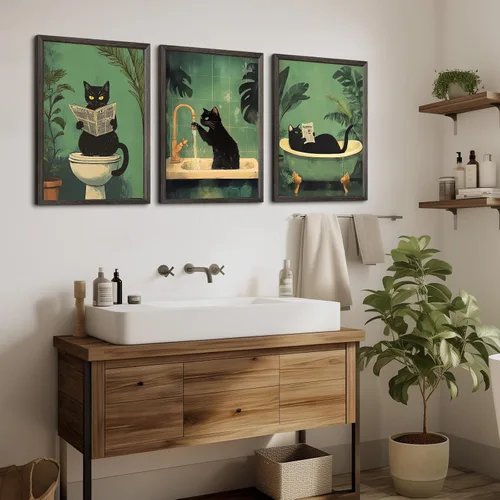 Vista 4 de Arte de pared de baño de gato, lienzo divertido para decoración de pared, imágenes de gato negro, impresiones lindas divertidas para baño, póster