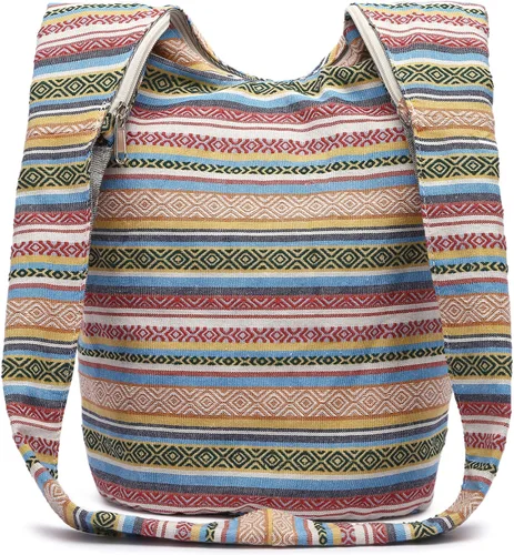 Vista 2 de Bolsa de hombro para mujer, de lona en estilo hippiebohemio para llevar cruzada al hombro, disponible en diferentes colores y estampados
