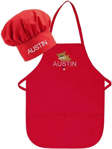 Vista 10 de Conjunto de delantal y sombrero personalizado para niños, diseño de animales, añade tu propio nombre para niños, cocina, horneado Blanco