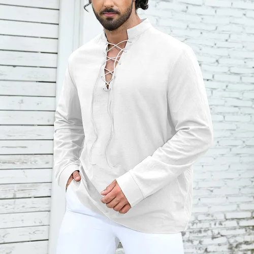 Vista 3 de Camisa medieval renacentista pirata para hombre, manga larga, vikinga, gótica, steampunk, Halloween, cosplay, fiestas