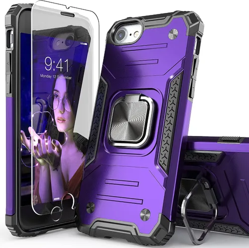 Vista 10 de Funda para iPhone SE 2020 con protector de pantalla, a prueba de golpes, con soporte de automóvil, ligera, funda protectora para iPhone 6/6s/7/8/SE