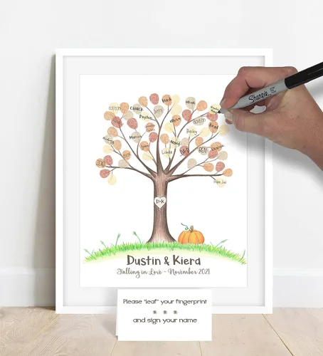 Vista 4 de Decoración de boda con temática de otoño sin marco, diseño de calabaza, árbol de huellas dactilares de boda de otoño