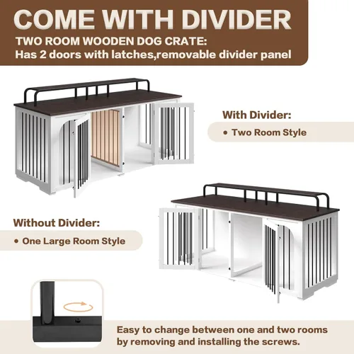 Vista 4 de Mueble grande para perrera para 2 perros, 74.8 pulgadas, XXL de madera doble para perros, estilo de muebles con divisor para razas grandes